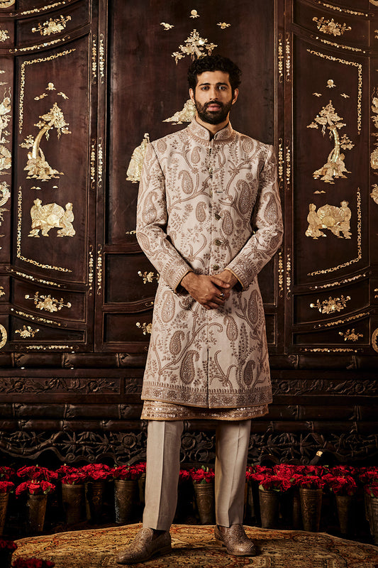 Dove Grey Silk Sherwani