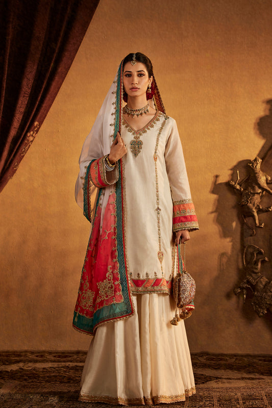 Ivory Mughal Art Sharara Set