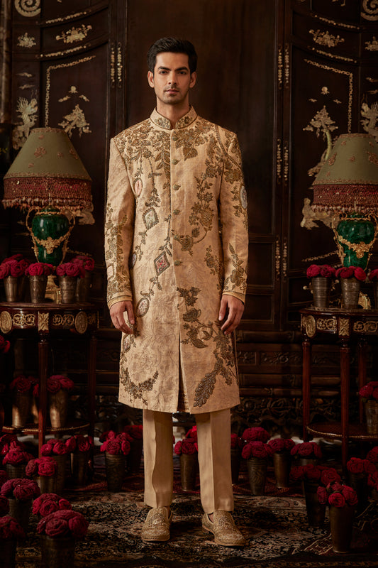 Beige Gold Silk Sherwani