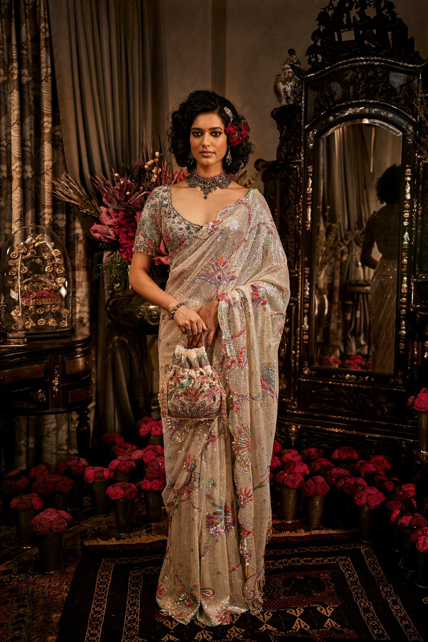 Ivory Floral Vines Saree