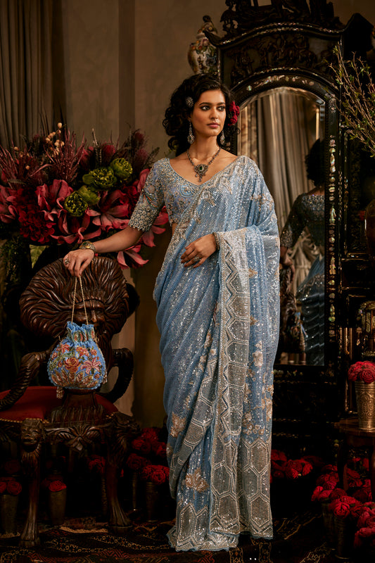 Frosted Blue Tulle Saree