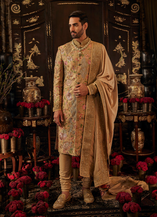 Chintz Beige Gold Sherwani