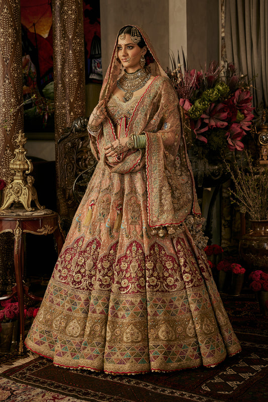 Peach Hued Dancing Figures Lehenga