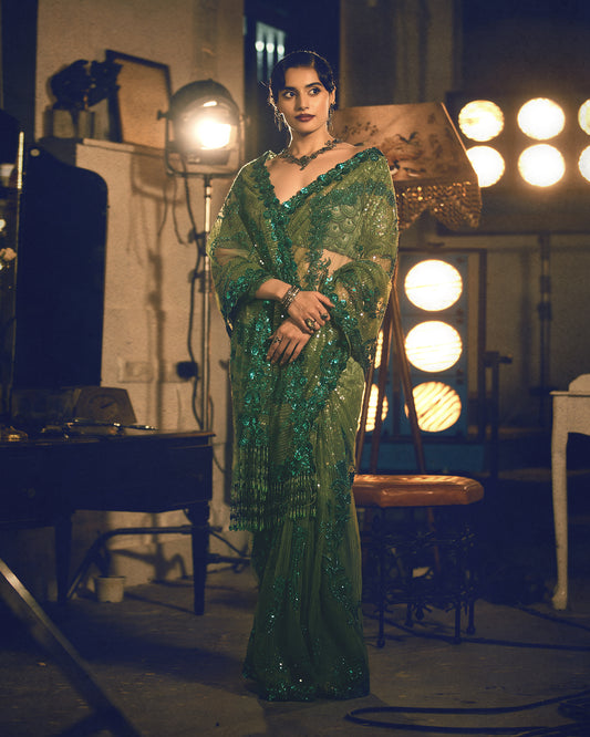 Vivid Emerald Hued Tulle Saree