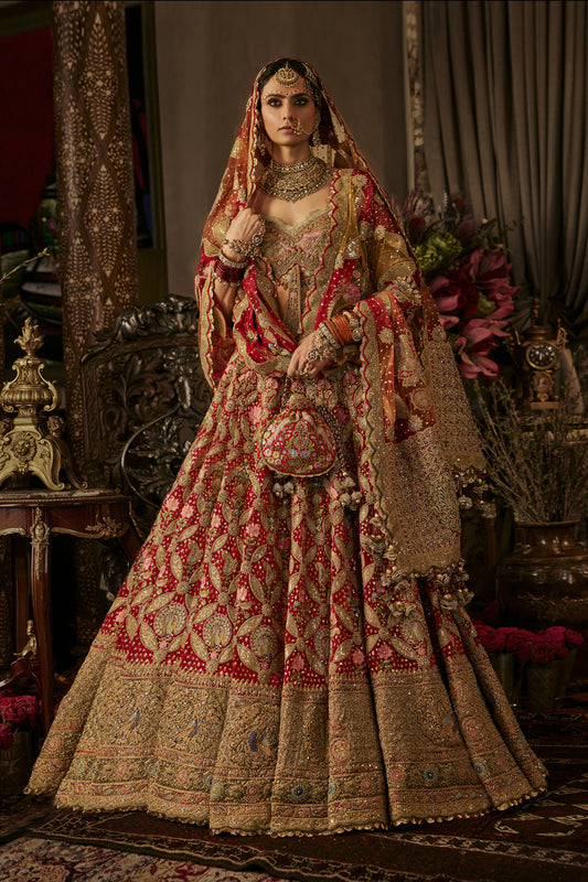 Deep Red Prachin-Kari Tulle Lehenga