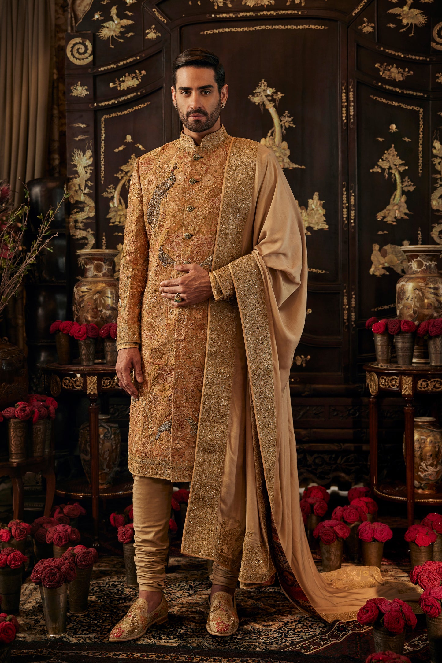 Mustard-gold Chintz sherwani