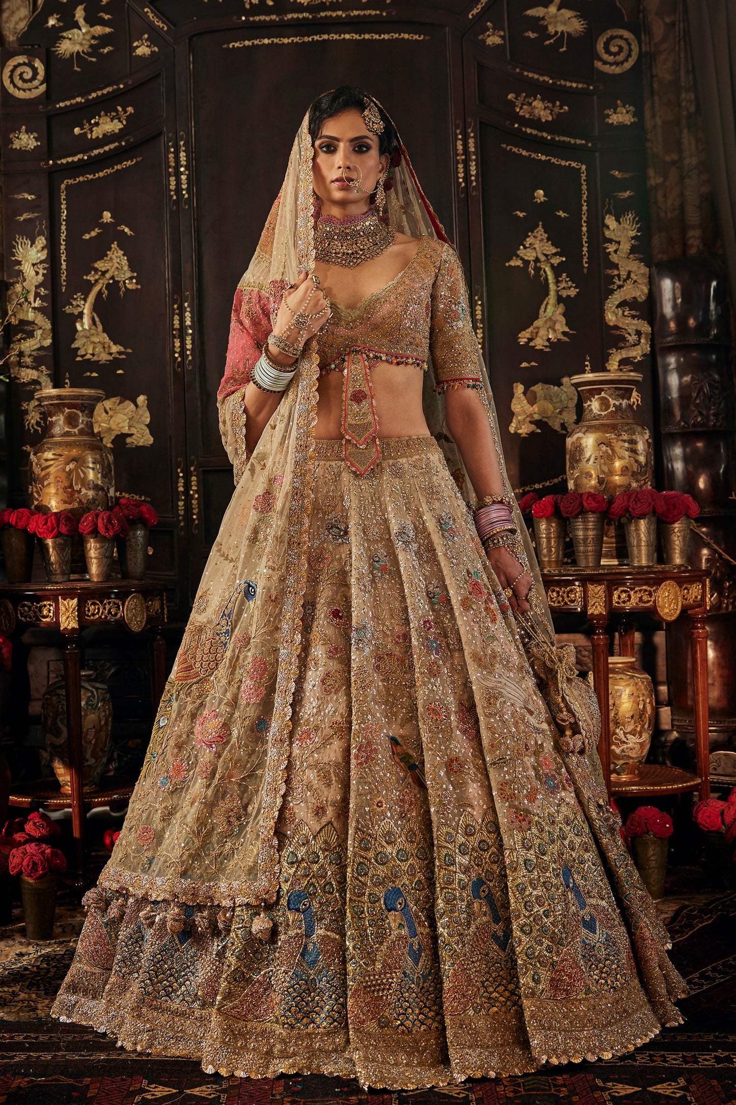 Ivory Peacock Tulle Lehenga