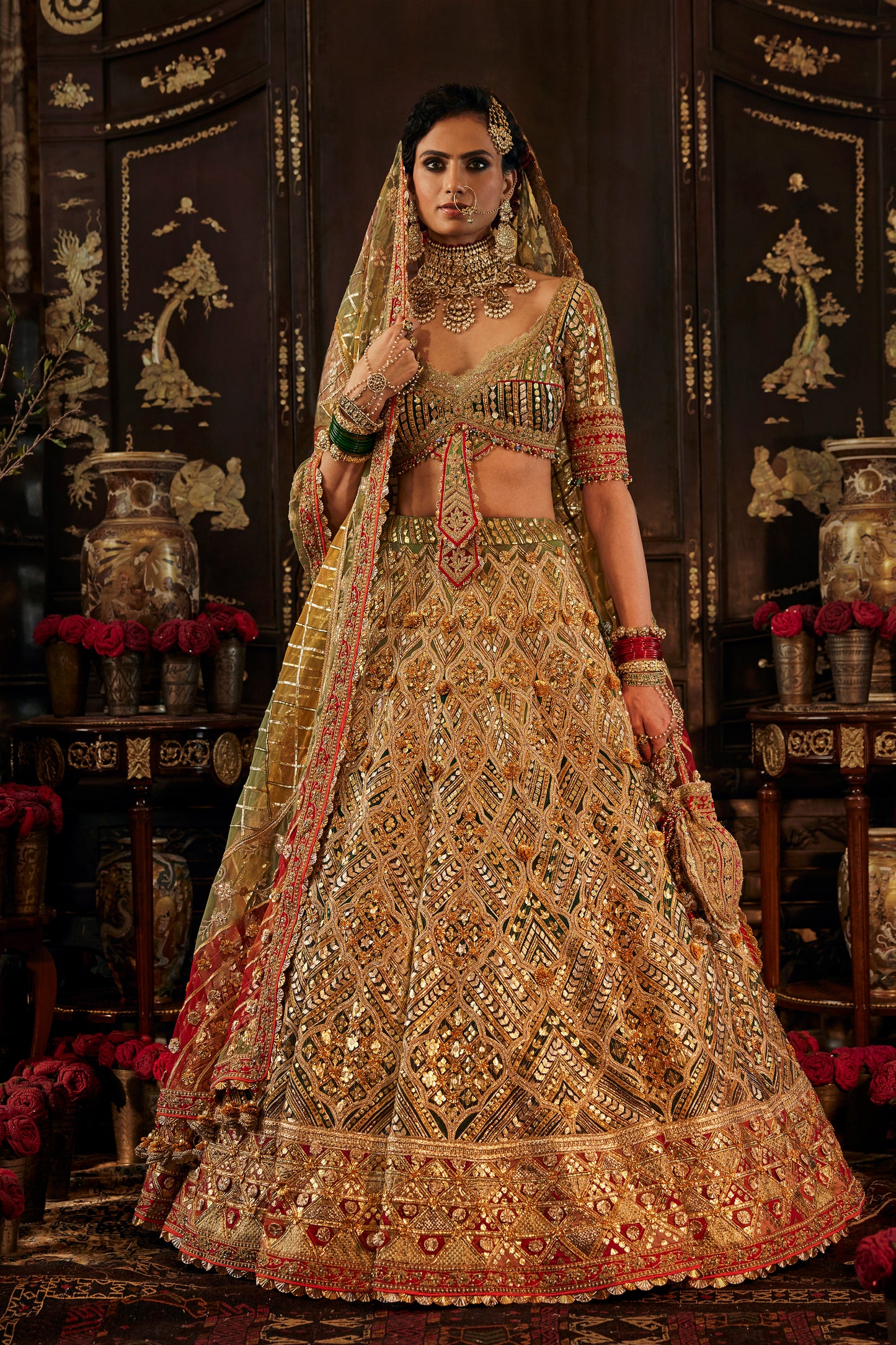 Deep Green and Gold lehenga