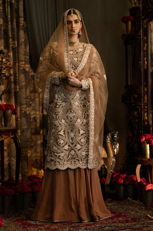 Beige Tulle Kurta and Skirt