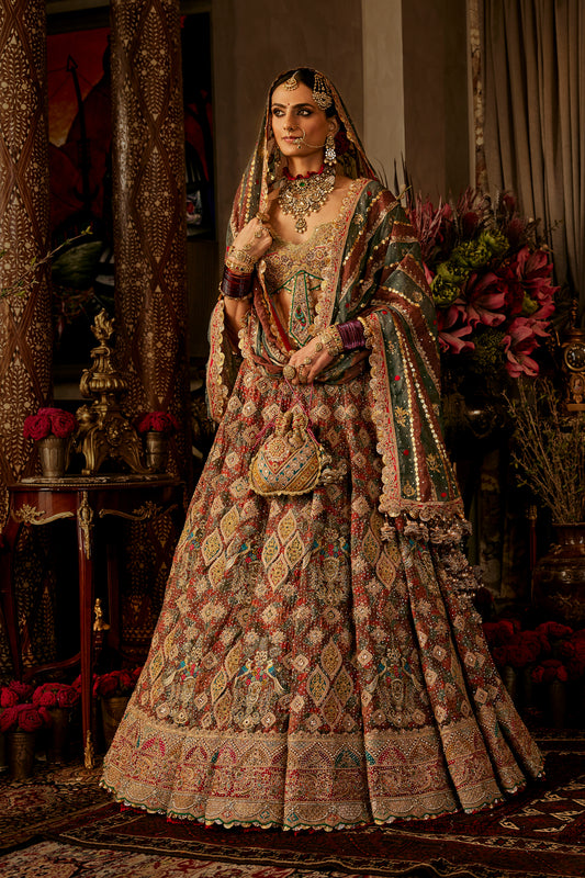 Earthy Brown & Teal Lehenga