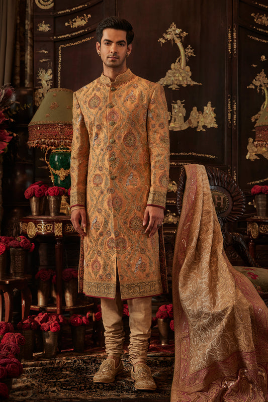 Mustard Hued Silk Sherwani