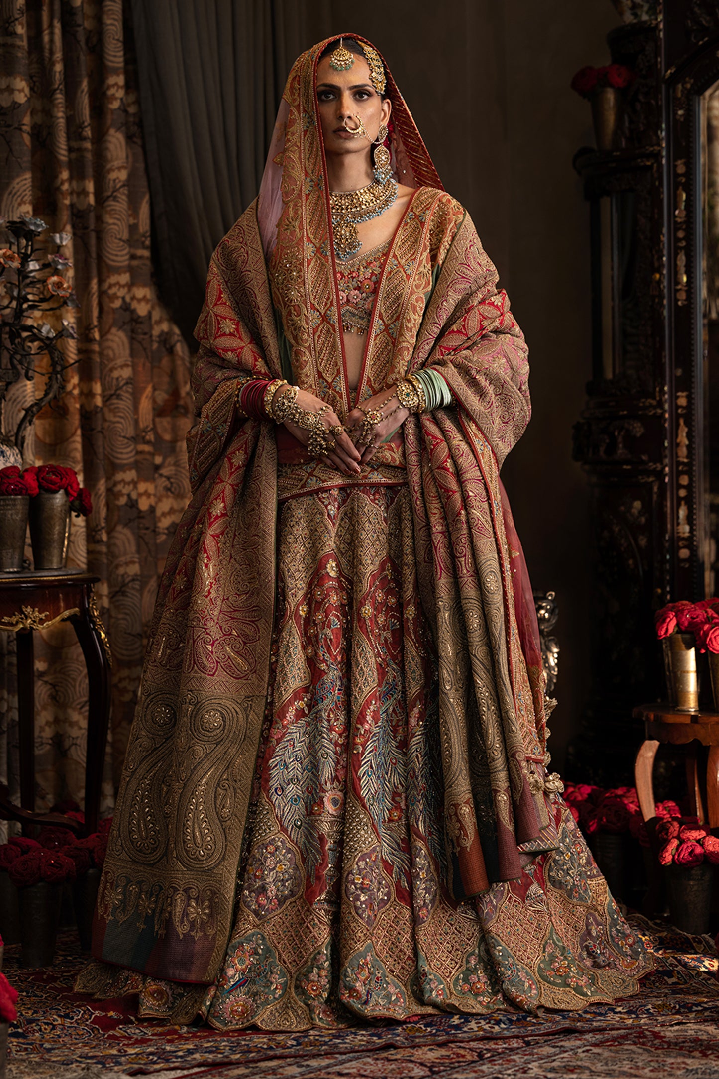 Red Tulle Peacock Lehenga