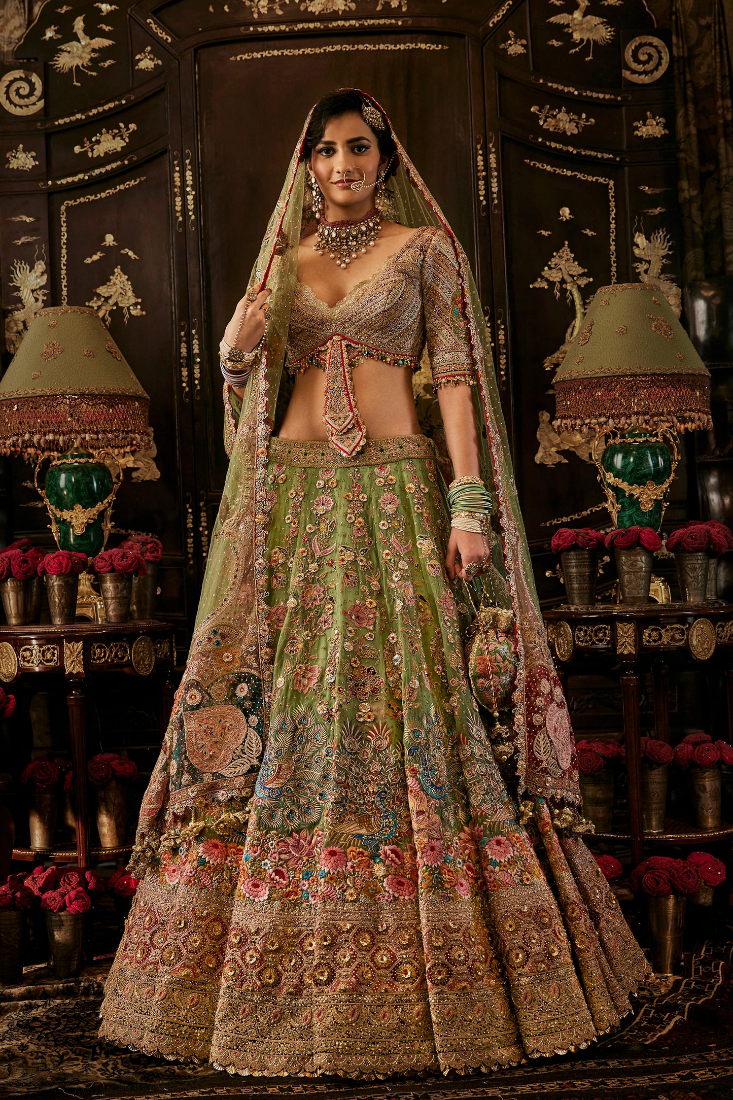 Green Gold Tulle Lehenga