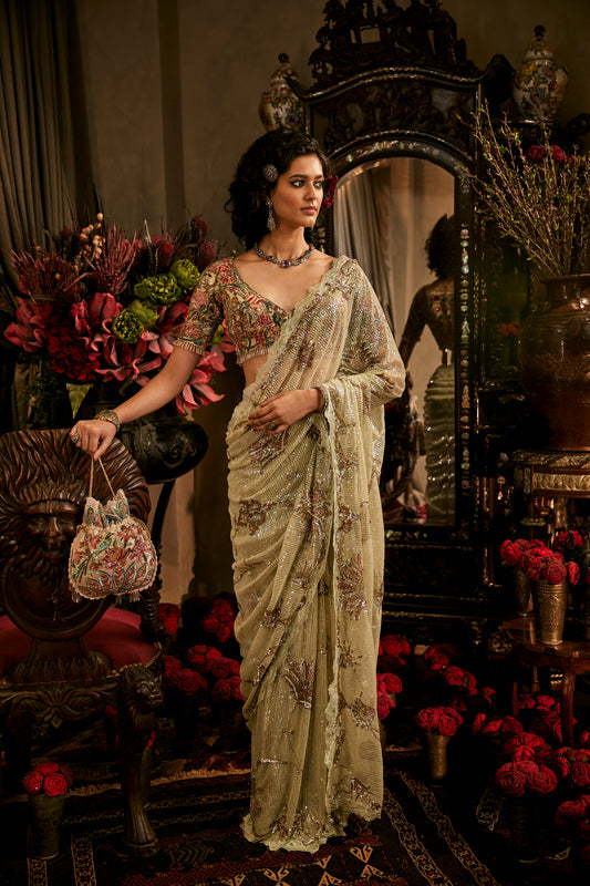 Pale frosted Green Tulle Saree