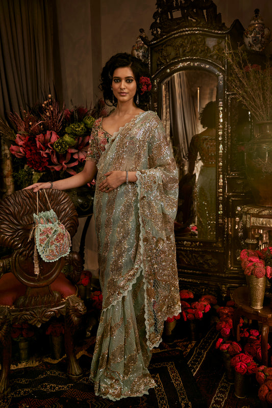 Pale Frosted Blue Tulle Saree