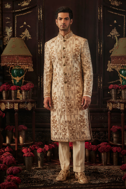 Ivory Gold Silk Sherwani