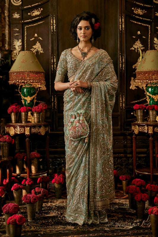 Frosted Green Tulle Saree