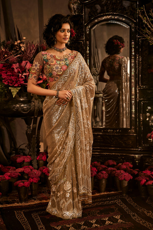 Champagne Hued Sequinned Saree