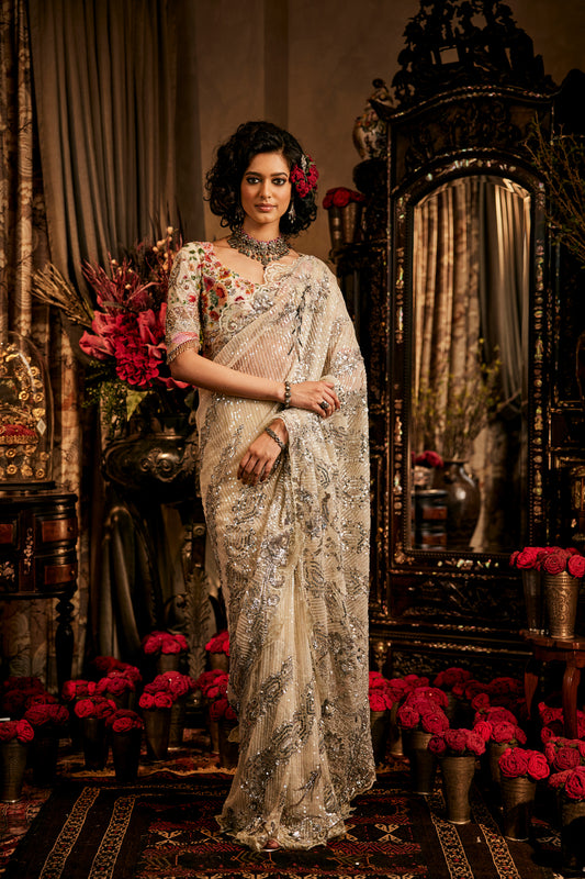 Ivory Tulle Sequinned Saree