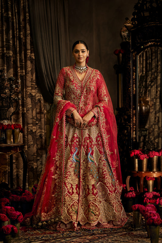 Red Tulle Kalidar Jacket Lehenga