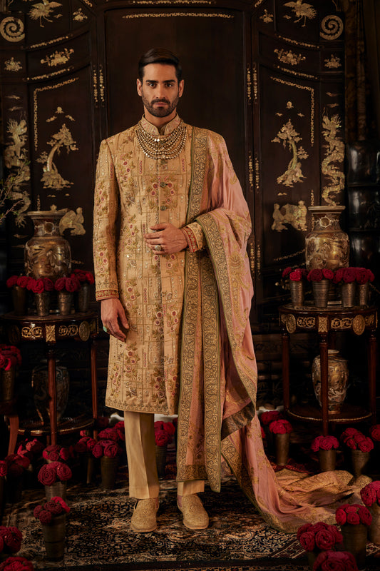 Beige Gold Artwork Sherwani