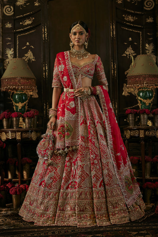 Lush Red Floral Bouquets Lehenga