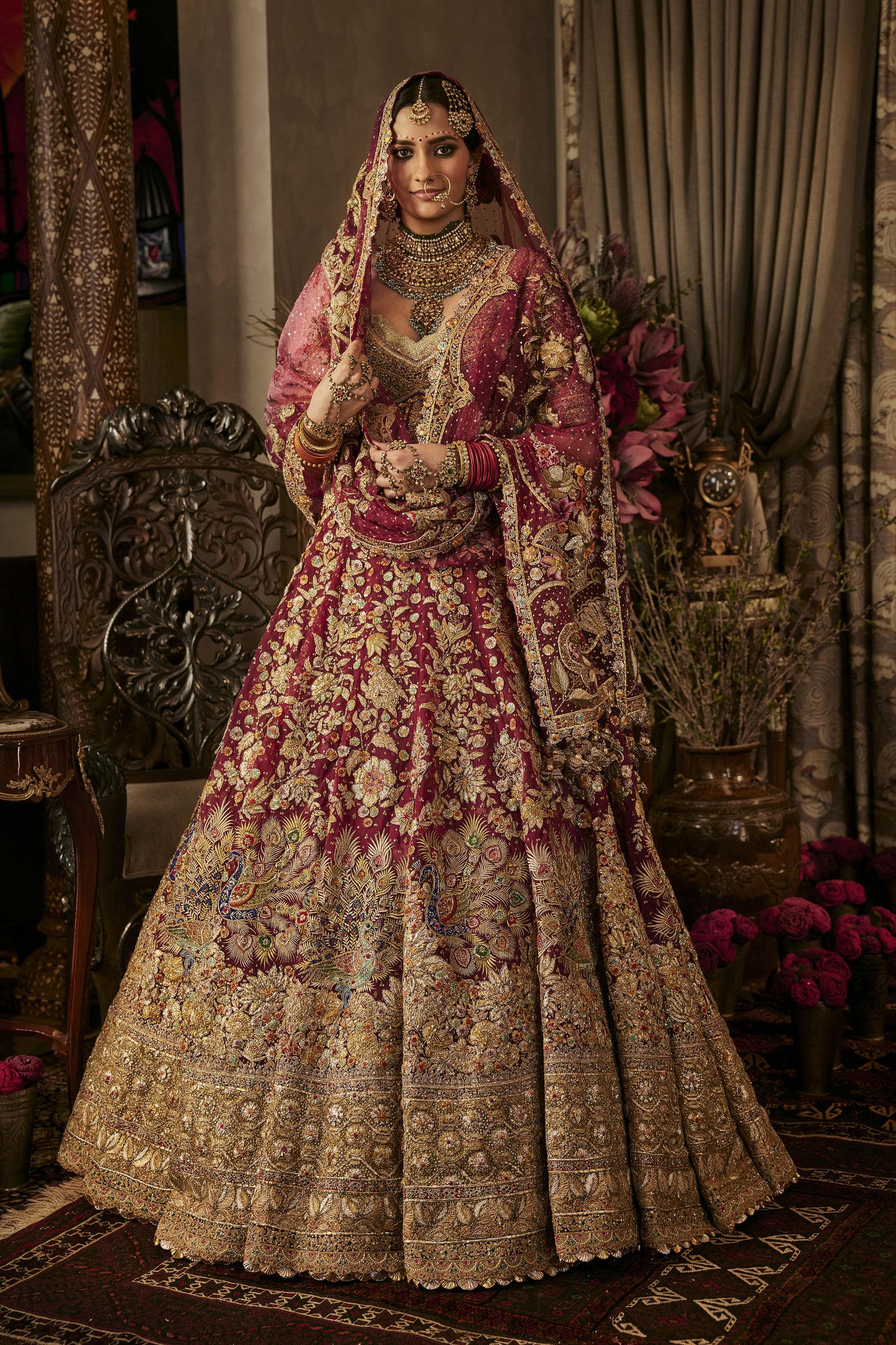 Deep Ruby Flower-Patterned Lehenga