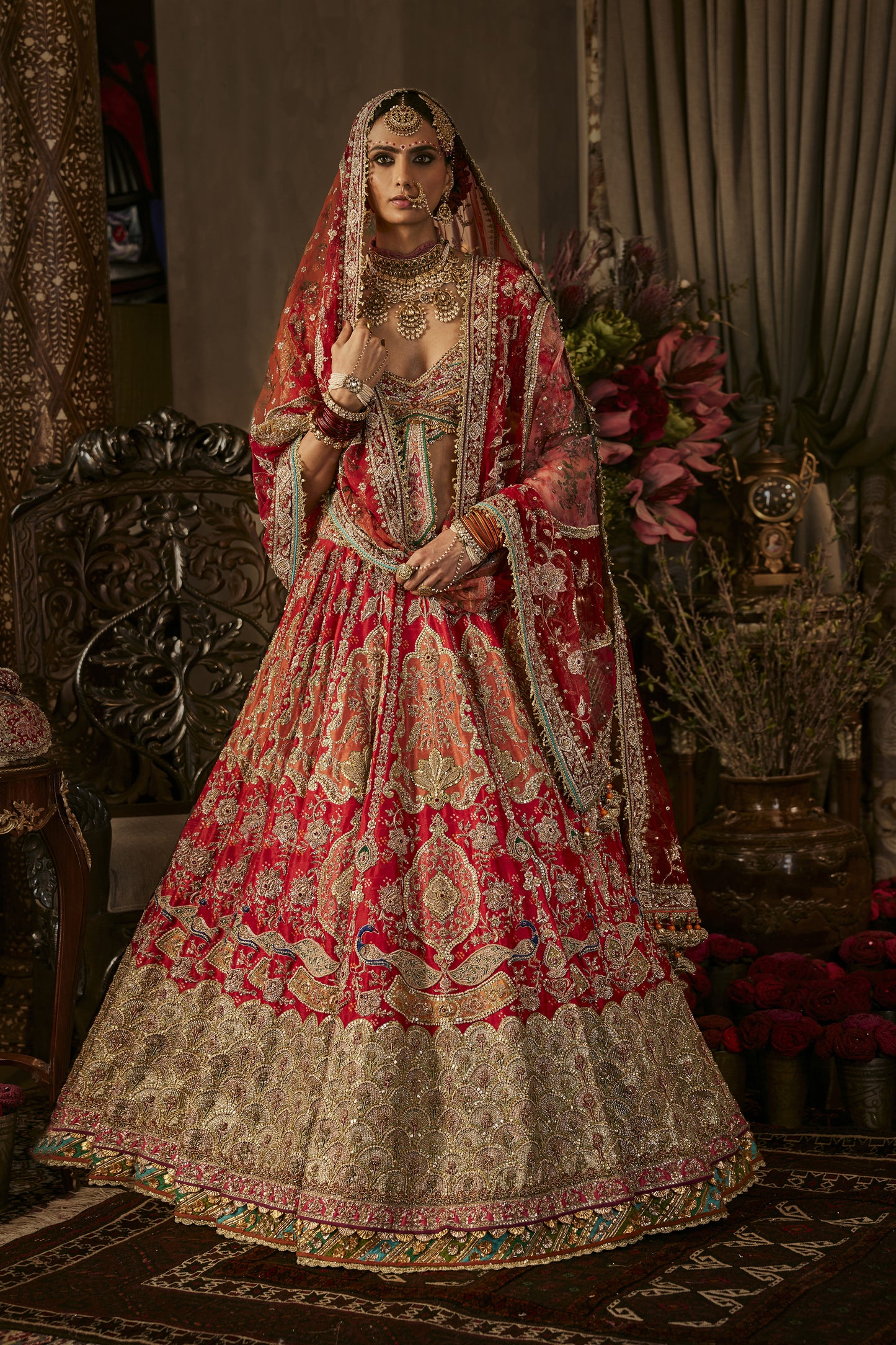 Red Mughal Art Lehenga