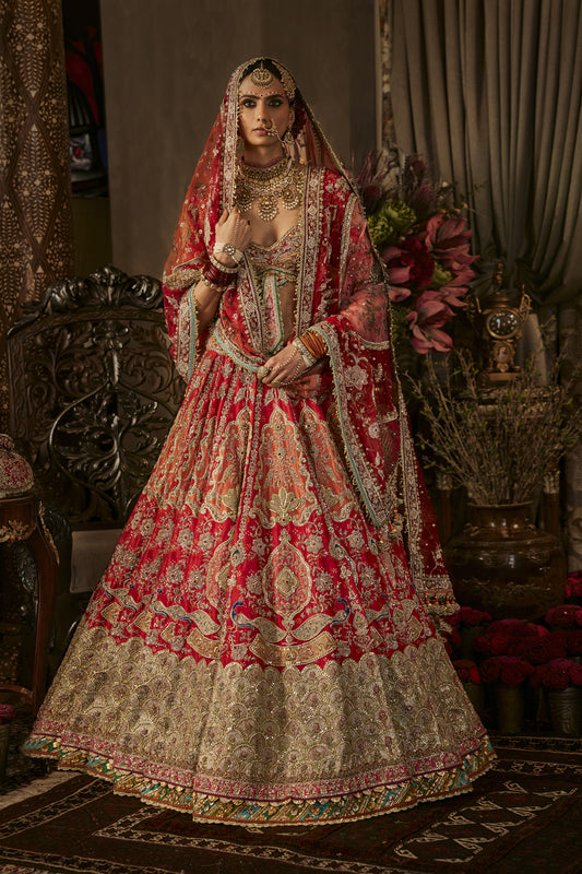 Scarlet Red Mughal Art Silk Lehenga