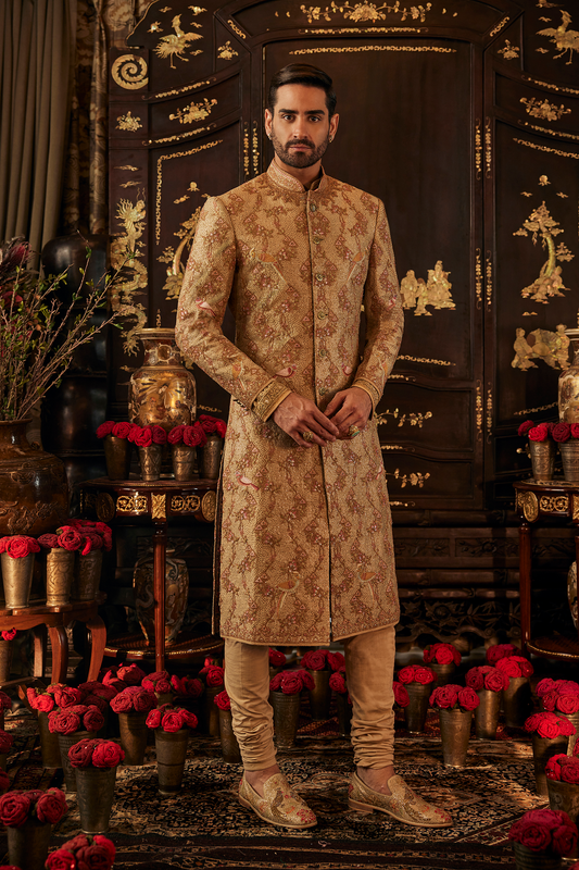 Golden Palampore Silk Sherwani