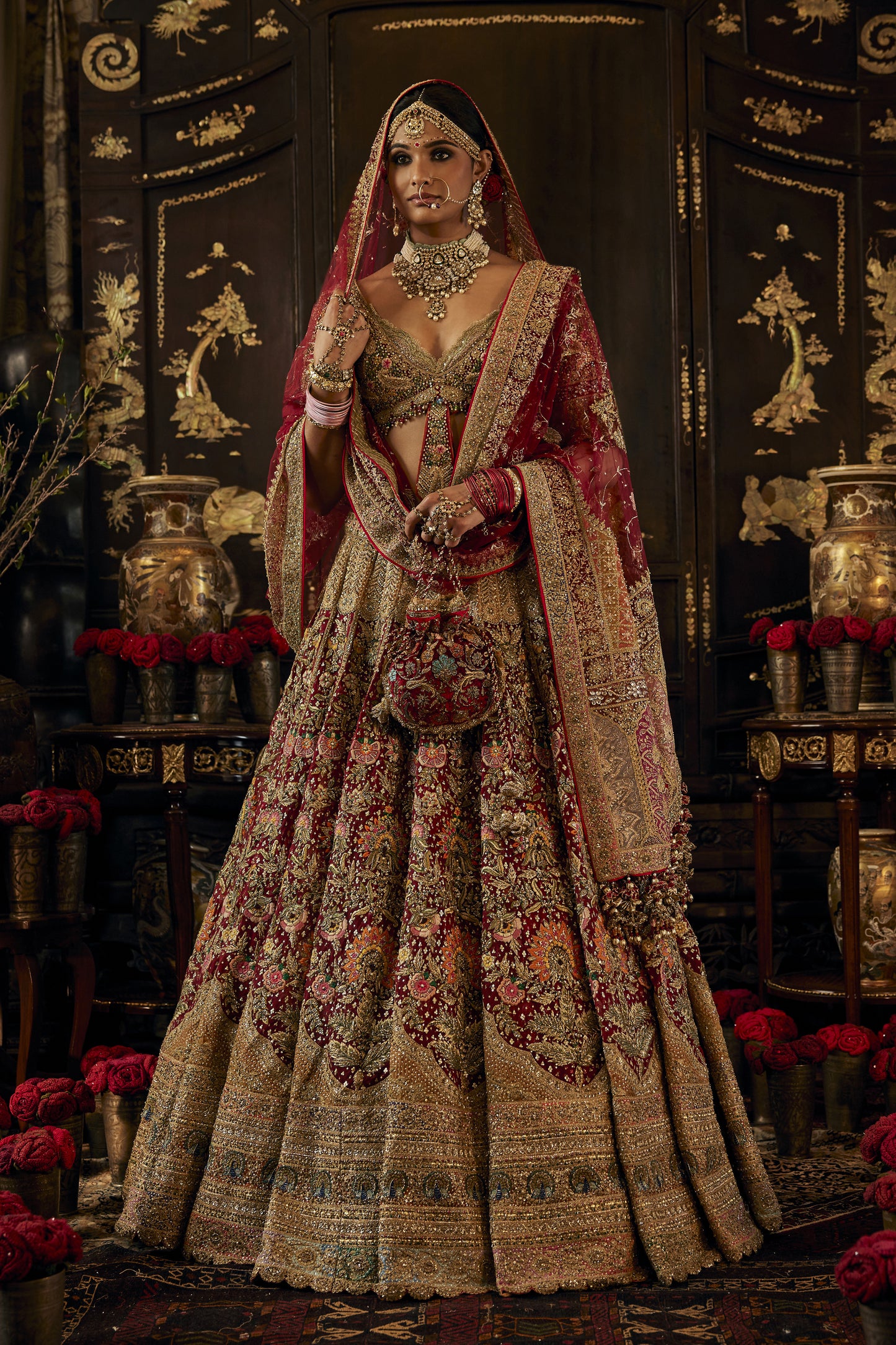 Deep Ruby Posy tulle Lehenga