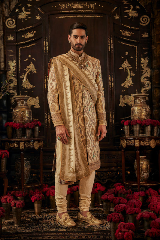 Ivory Foliage Silk Sherwani