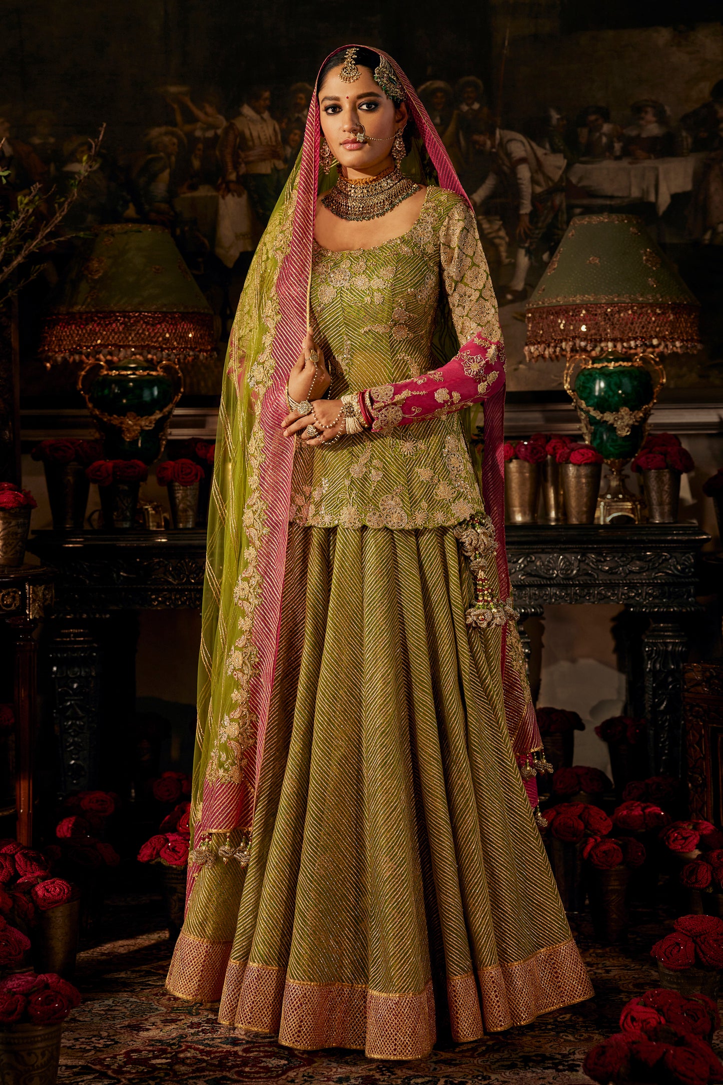 Vivid Green and Rani Pink Kurti Lehenga