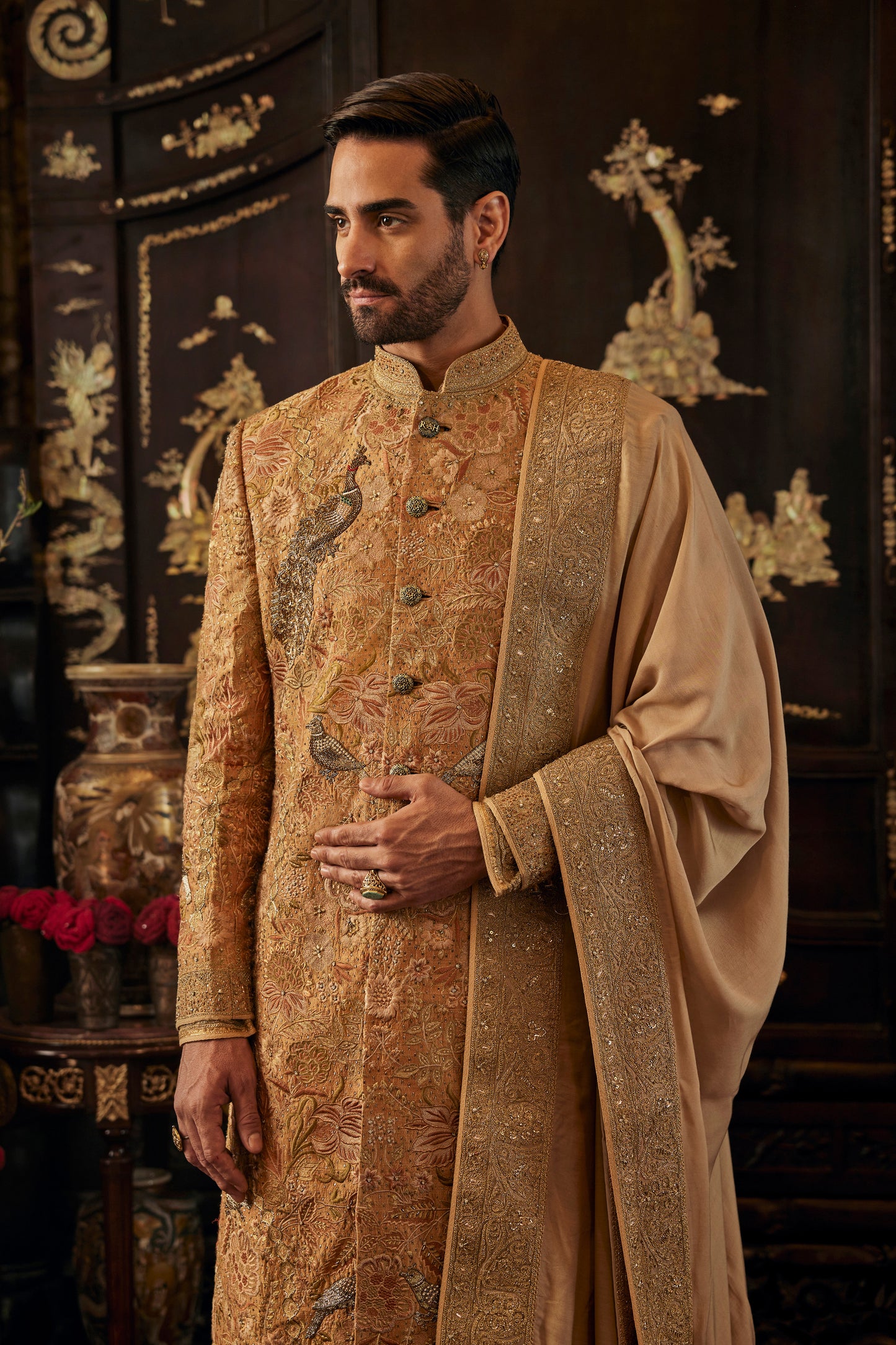 Mustard-gold Chintz sherwani