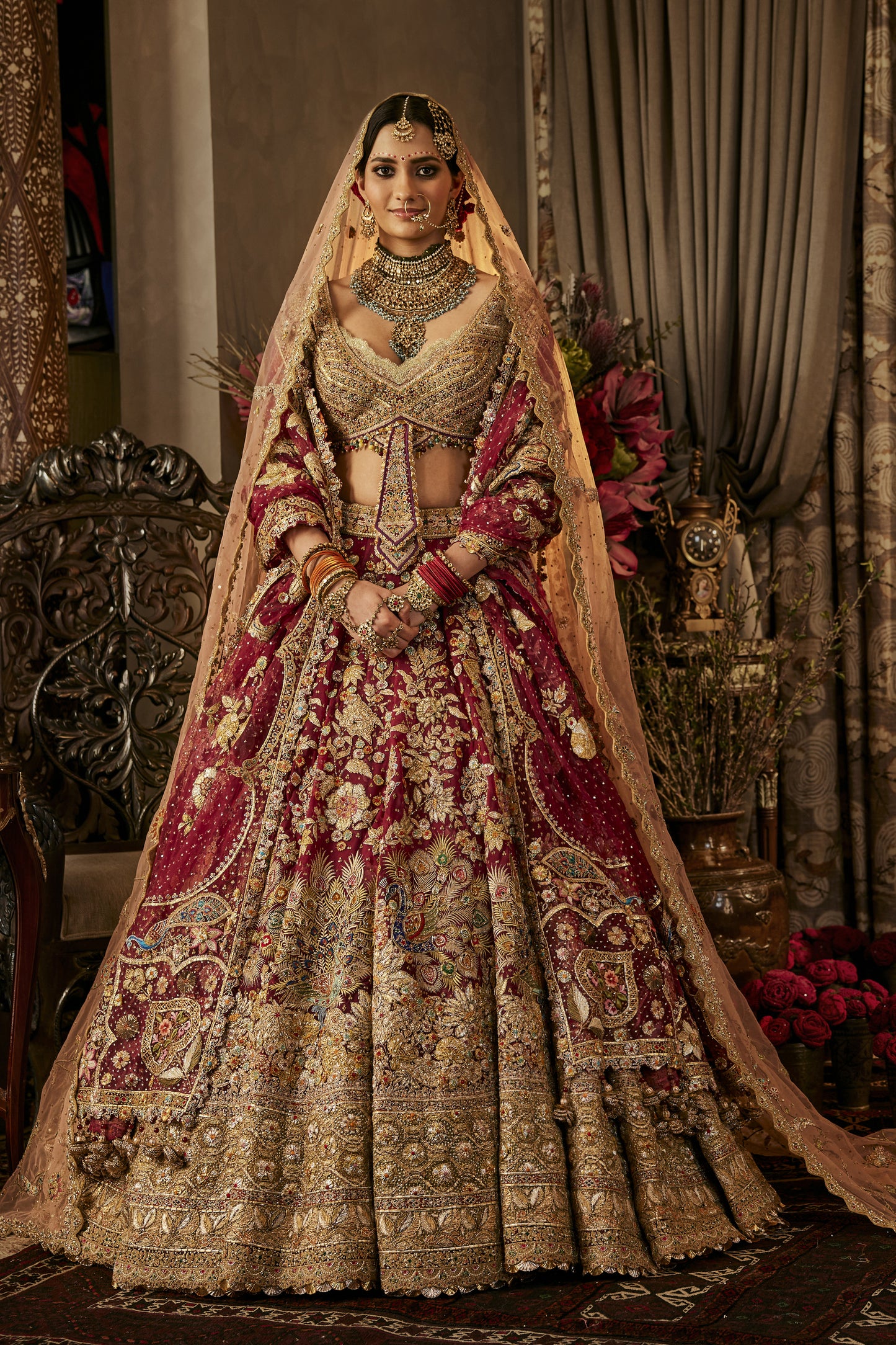 Deep Ruby Flower-Patterned Lehenga