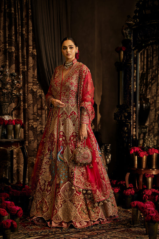 Red Tulle Kalidar Jacket Lehenga