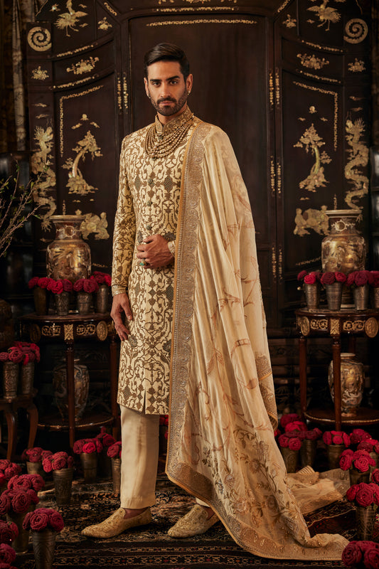 Ivory & Tessellated Gold Sherwani