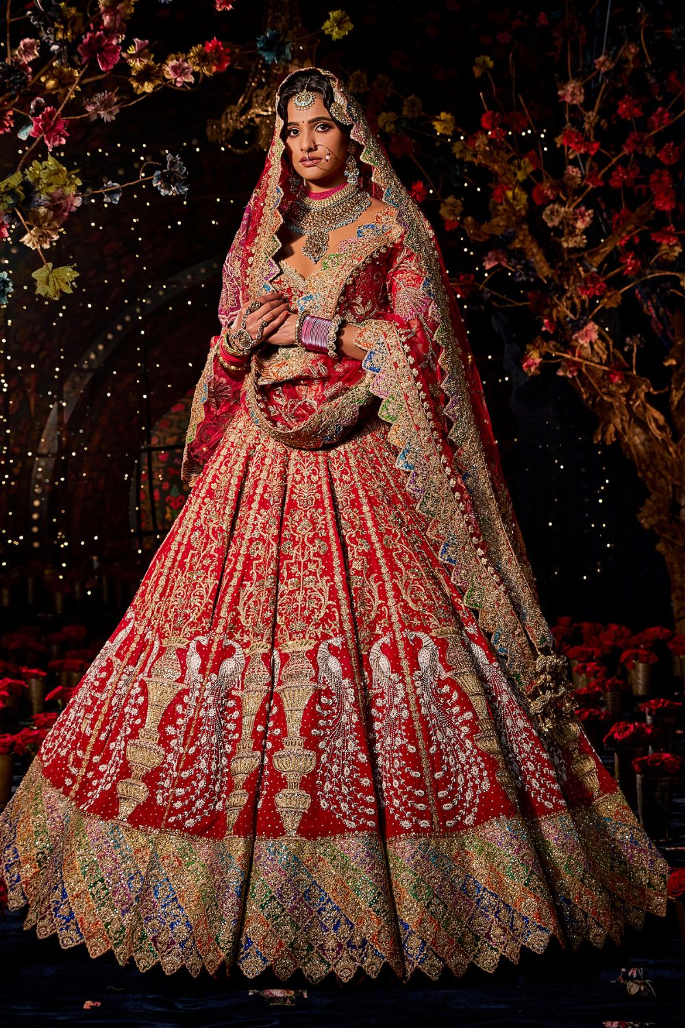 Red Bridal Lehenga In Velvet With Heavy Embroidered Work