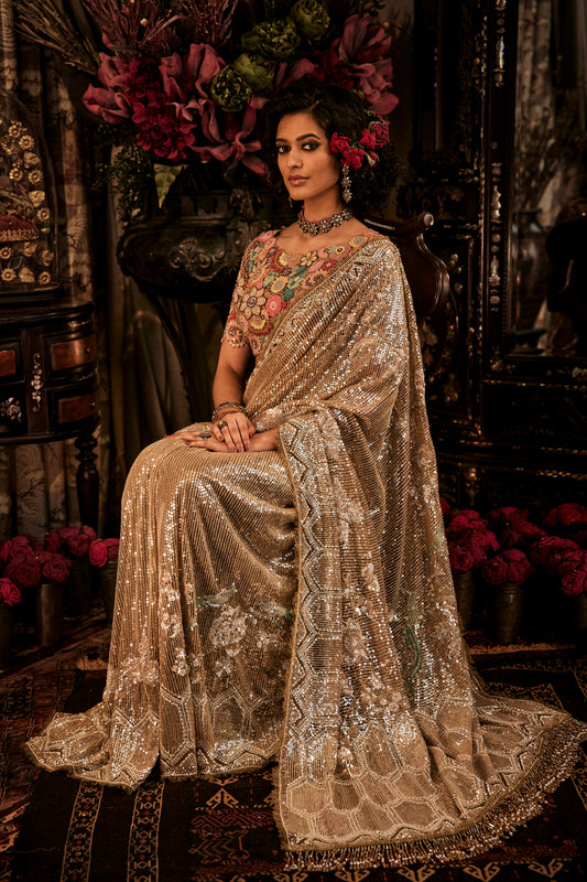Champagne Hued Sequinned Saree