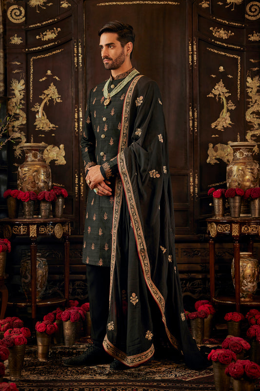 Inky Black Silk Sherwani