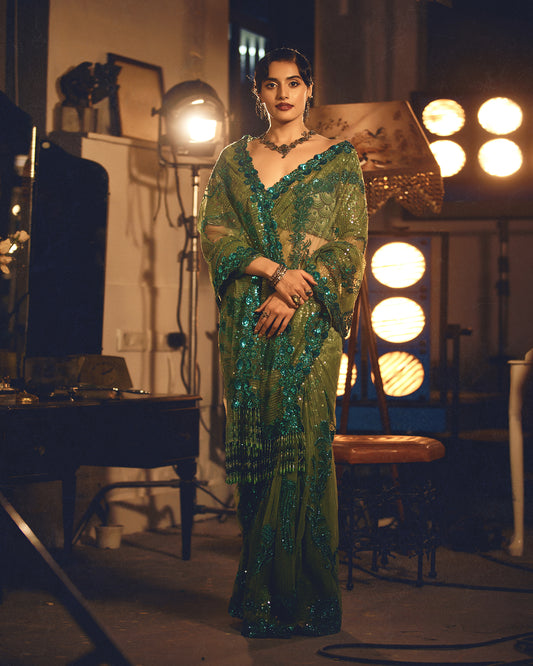 Vivid Emerald Hued Tulle Saree