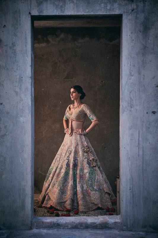 A Double Layered Ivory Tulle Lehenga