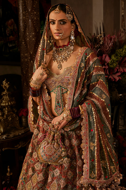 Earthy Brown & Teal Lehenga