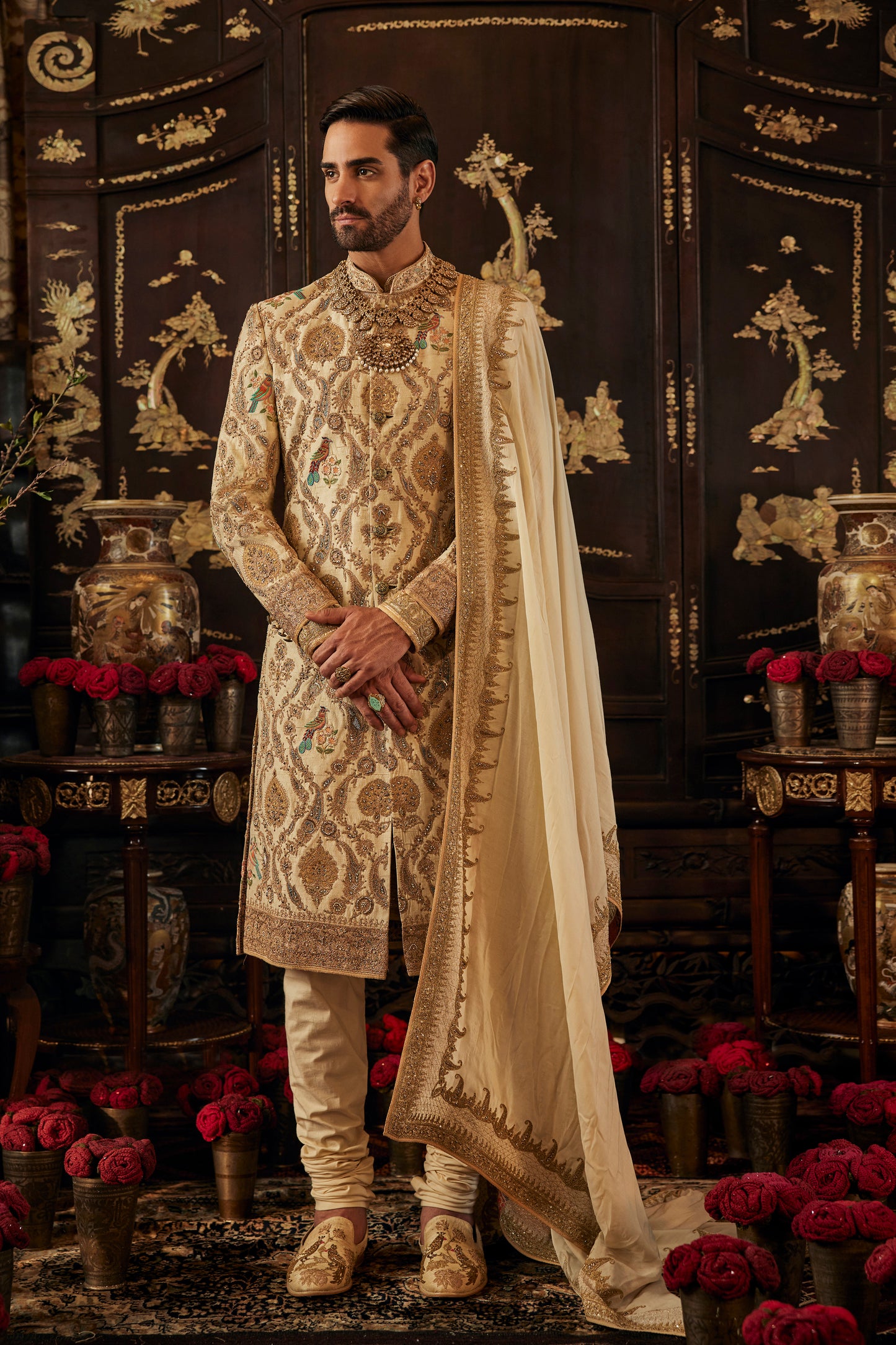 Ivory Foliage Silk Sherwani