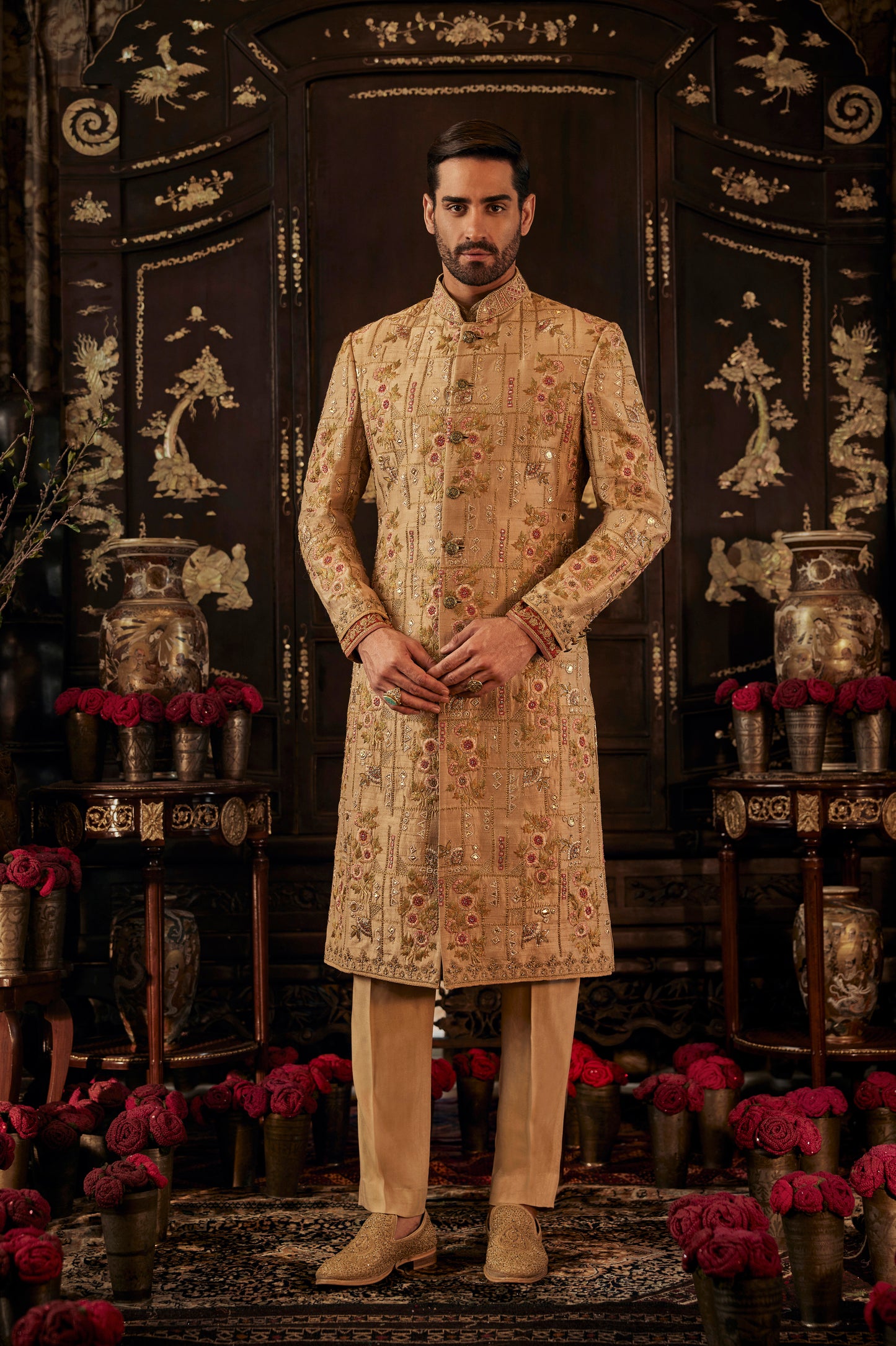 Beige Gold Artwork Sherwani