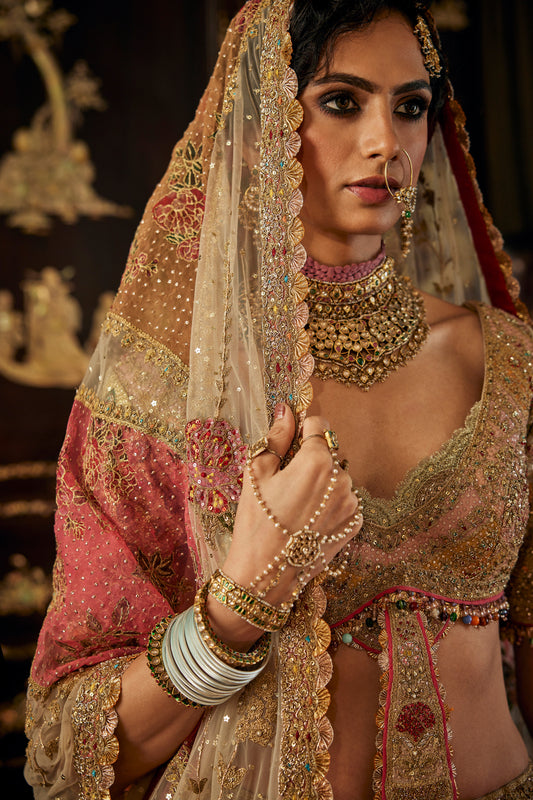 Ivory And Gold Tulle Lehenga