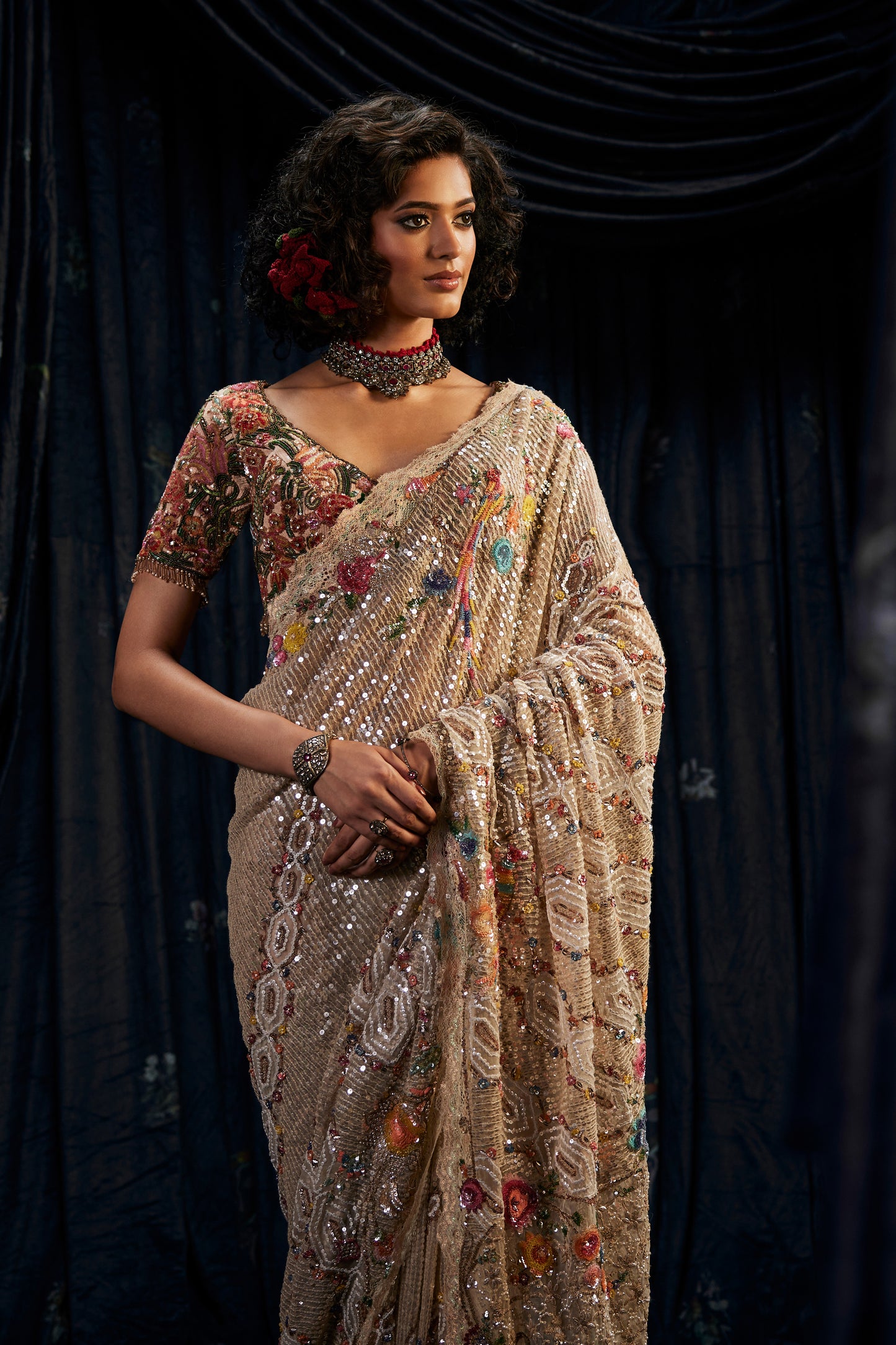 Champagne Hued "Potrait of a Lady" Saree