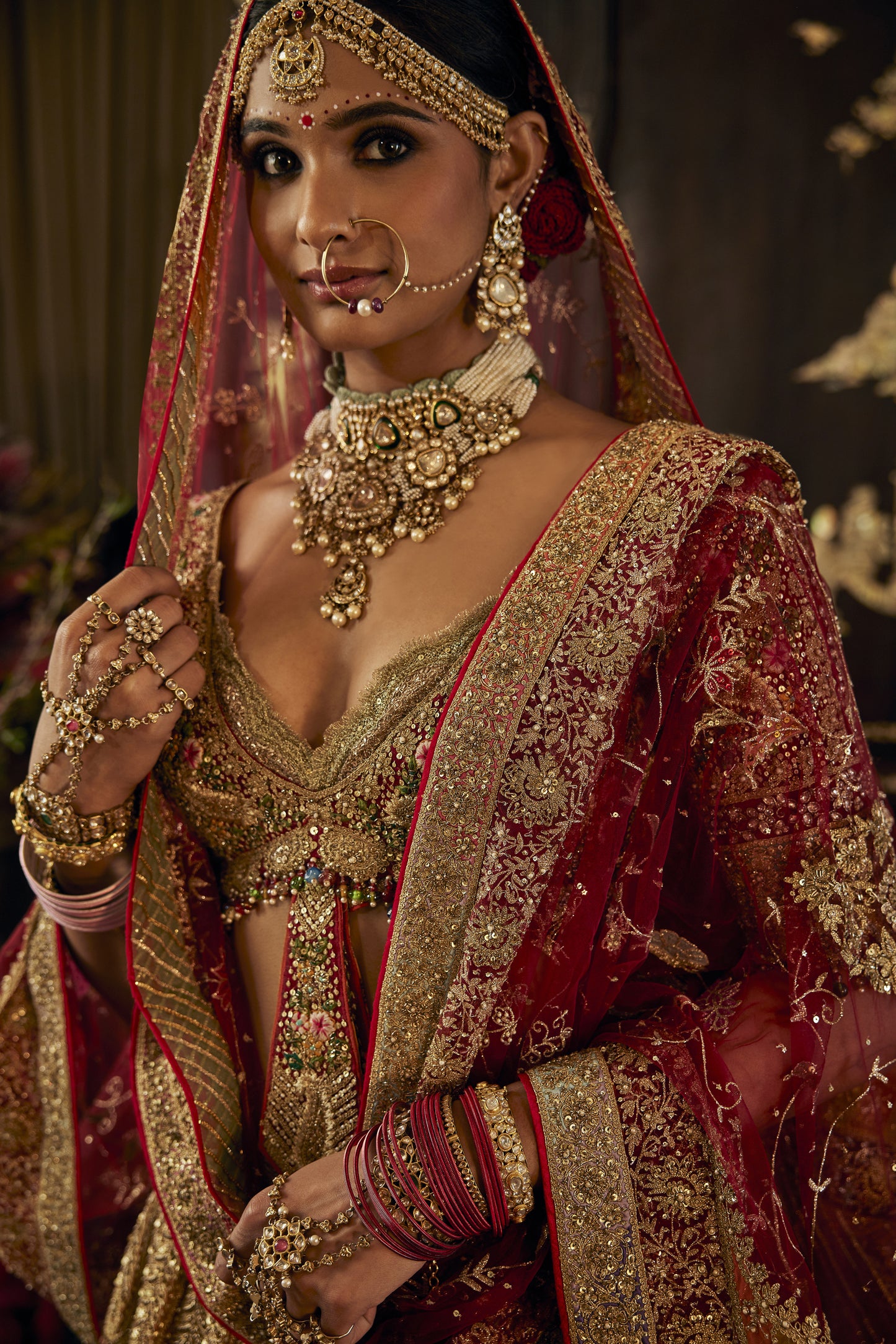 Deep Ruby Posy tulle Lehenga