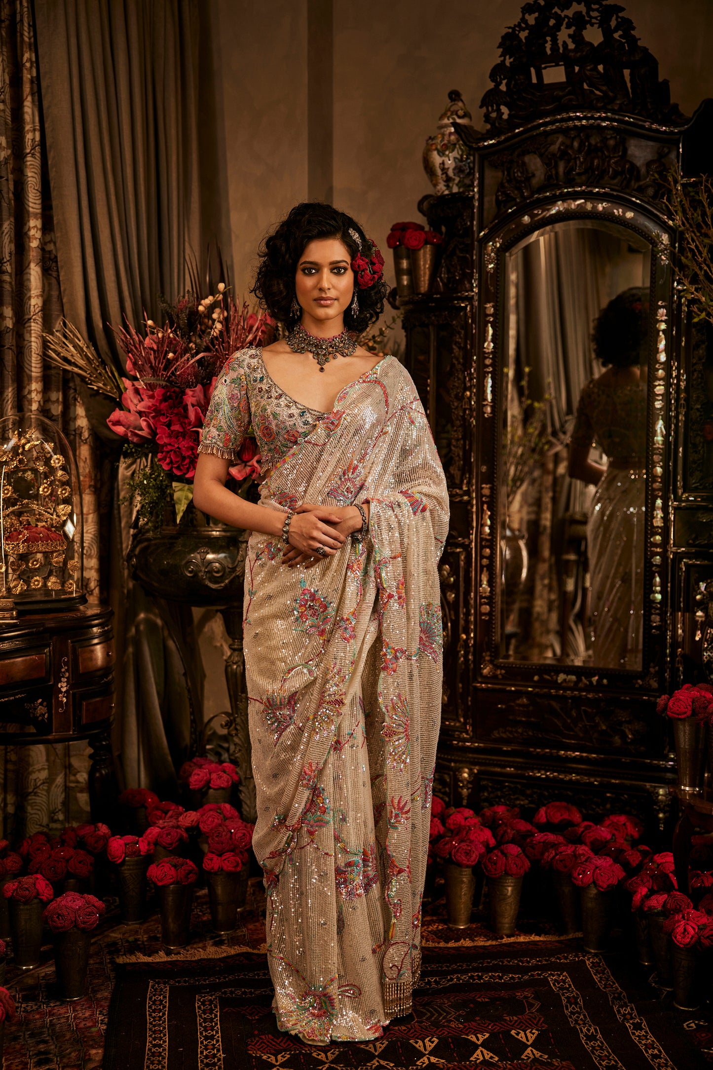 Ivory Floral Vines Saree