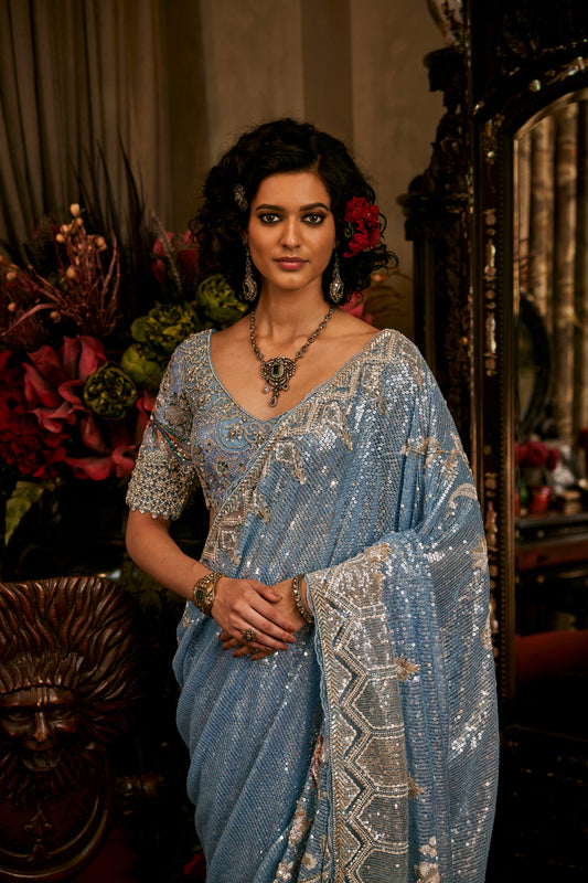 Frosted Blue Tulle Saree